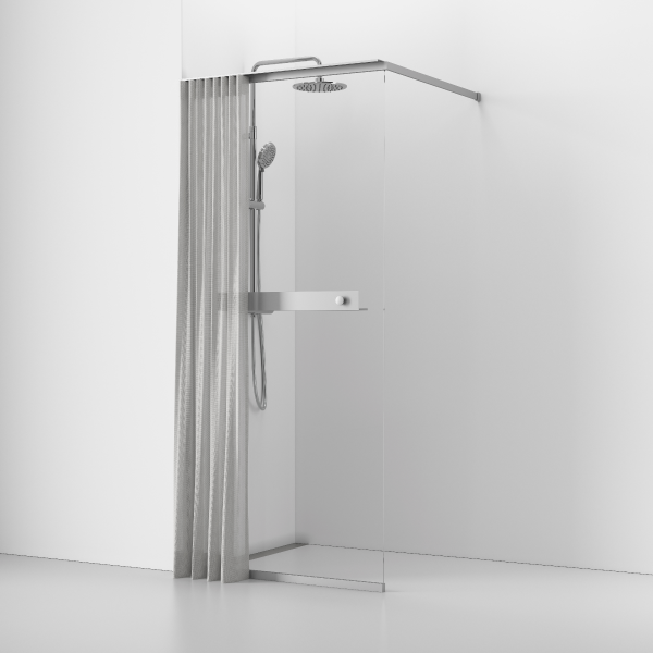 Langfoss skærmvæg med hylde og gardin