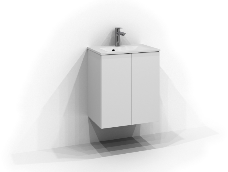 Poem kommode 50 cm bred, vægmonteret, i hvid med to låger uden greb. Hvid porcelænshåndvask med krom etgrebsarmatur monteret i midten af håndvasken.