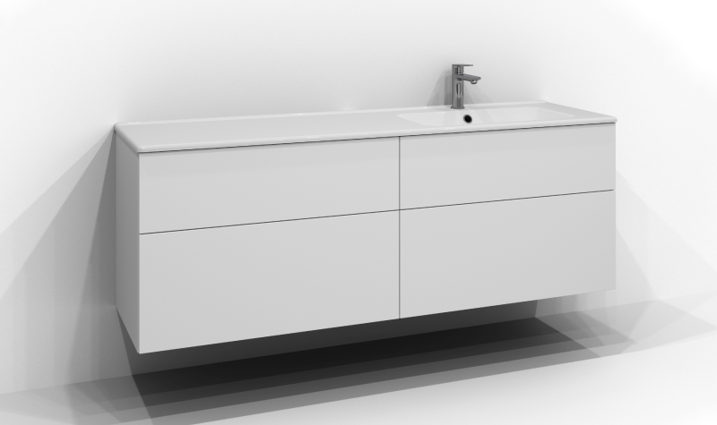 Poem kommode 160 cm bred, vægmonteret, i hvid med fire skuffer uden greb. Hvid håndvask i mineral komposit med kumme til højre og krom etgrebsarmatur monteret til højre på håndvasken.