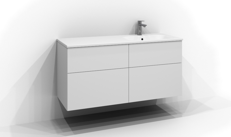 Poem kommode 120 cm bred, vægmonteret, i hvid med fire skuffer uden greb. Hvid håndvask i mineral komposit med kumme til højre og krom etgrebsarmatur monteret til højre på håndvasken.