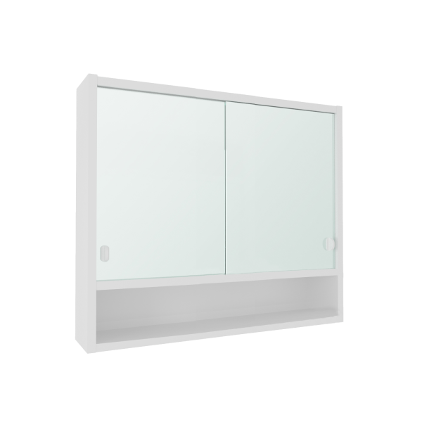 A60 spejlskab 60 cm i hvid med to spejldøre og åben hylde nederst, uden belysning.