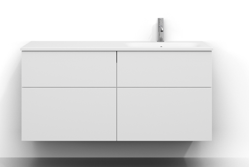 Poem kommode 120 cm bred, vægmonteret, i hvid med fire skuffer uden greb. Hvid håndvask i mineral komposit med kumme til højre og krom etgrebsarmatur monteret til højre på håndvasken.