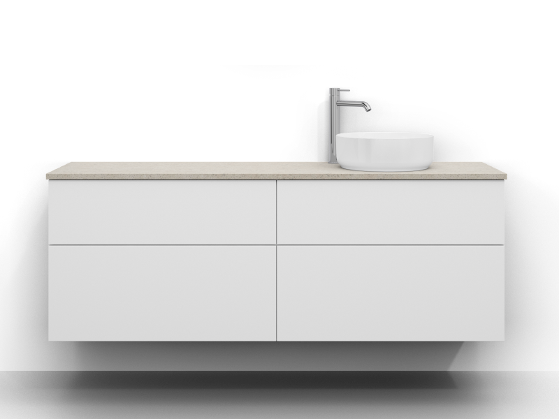 Poem kommode 160 cm bred, vægmonteret, i hvid med fire skuffer uden greb. Kvarts bordplade 160 cm med en grå, sandfarvet overflade. Håndvask placeret til højre på bordpladen, krom etgrebsarmatur til venstre for håndvasken.